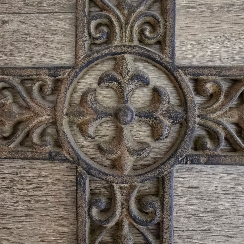Cast Iron Hanging Cross Scrollwork Rustic Brown Finish Religious Heavy - Picture 3 of 10